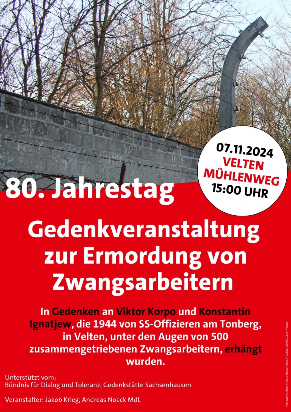 Plakat: 80. Jahrestag, Gedenkveranstaltung zur Ermordung von Zwangsarbeitern, 07.11.2024, 15:00 Uhr, Velten, Mühlenweg
