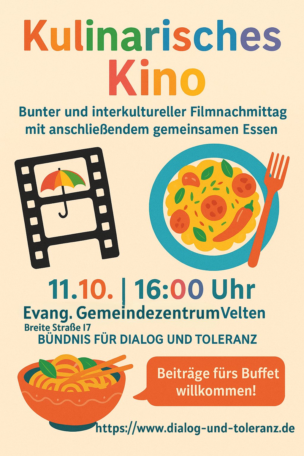 Plakat Kulinarisches Kino, 11.10., 16:00 Uhr, Evang. Gemeindezentrum Velten, Breite Straße 17