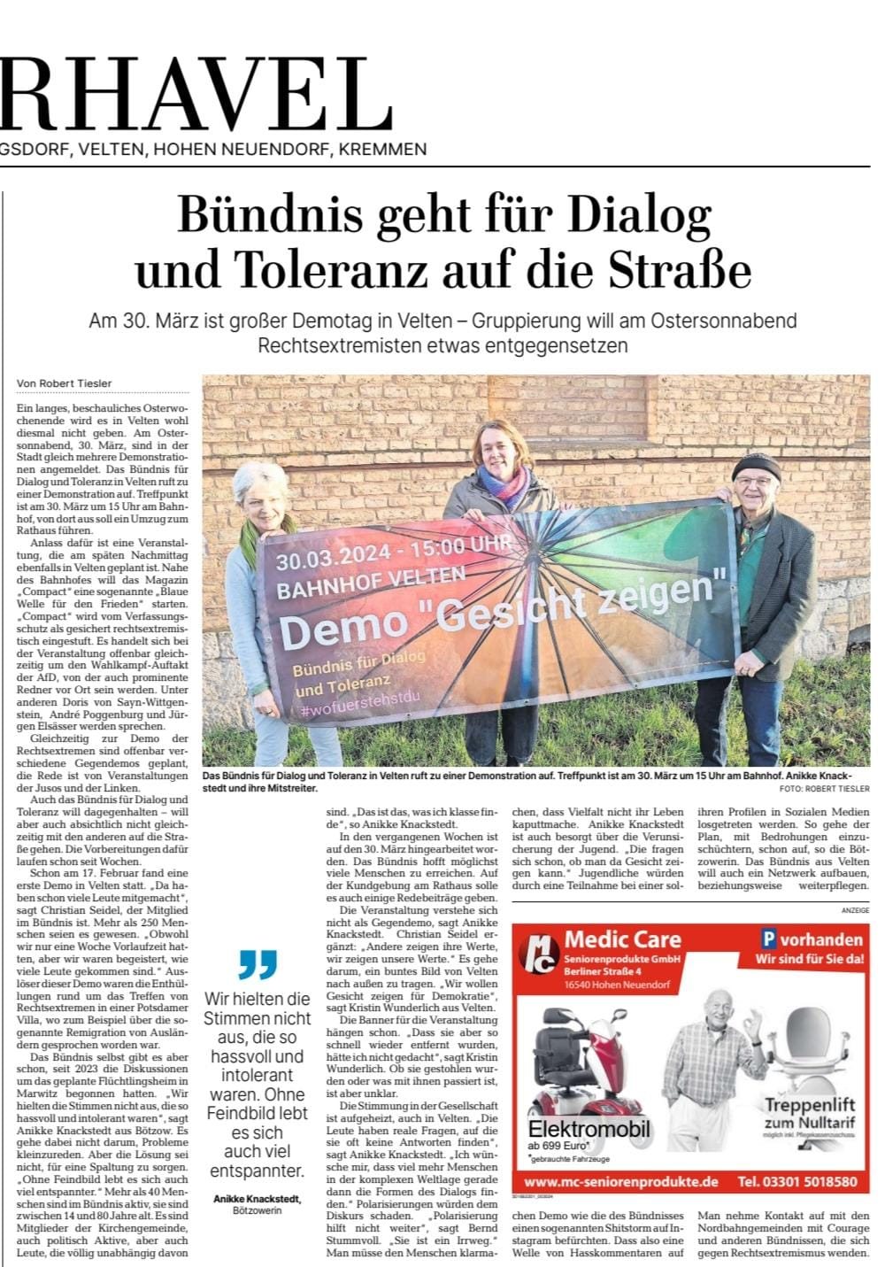 Zeitungsartikel: Bündnis geht für Dialog und Toleranz auf die Straße
