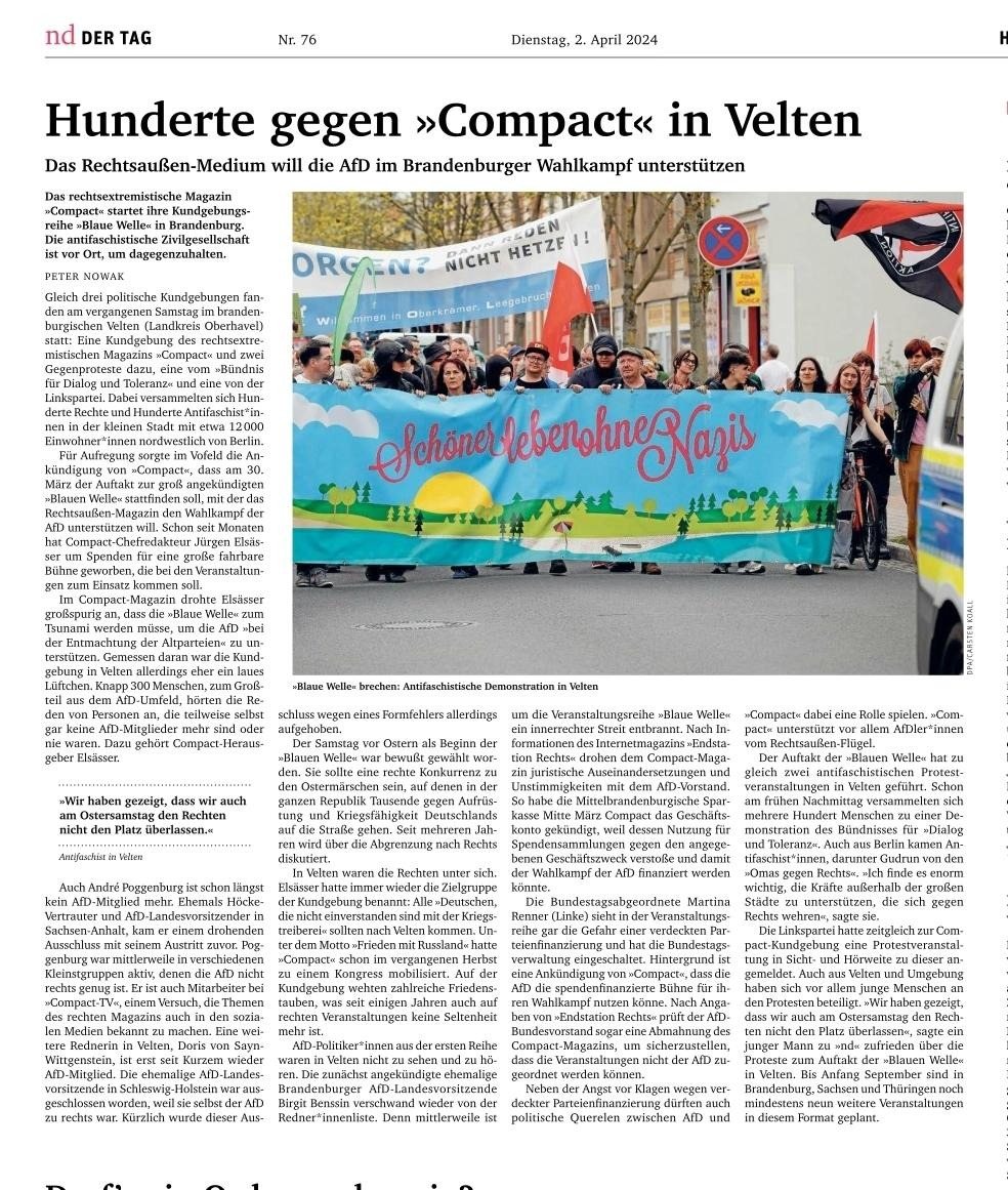 Zeitungsartikel in nd: Hunderte gegen »Compact« in Velten
